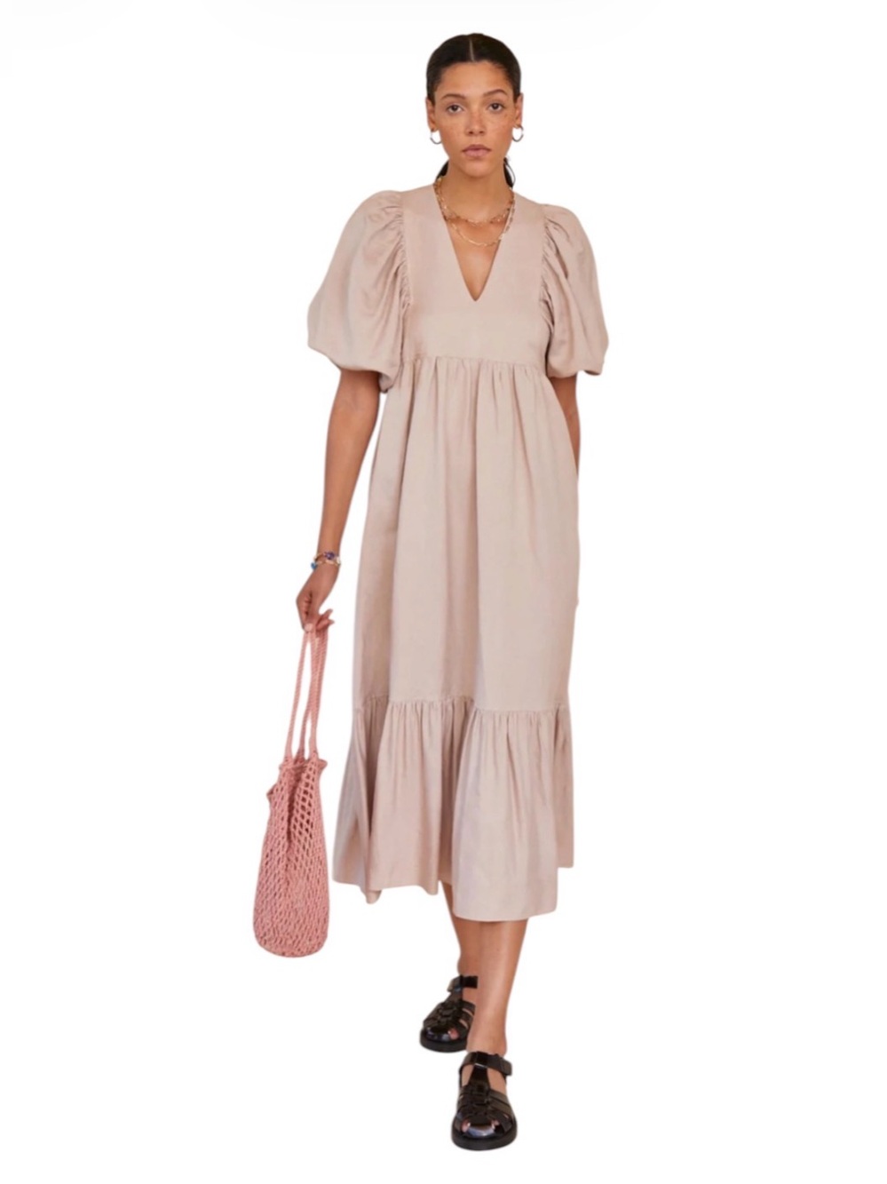 Hunter Bell Palmer Puff Sleeve Midi Dress Clay Neutral Linen Blend Size XS